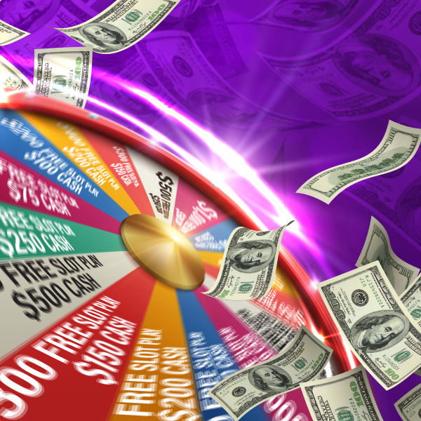 colorful winning Purple background; wheel with various prize amounts, spinning as cash flies arround the wheel