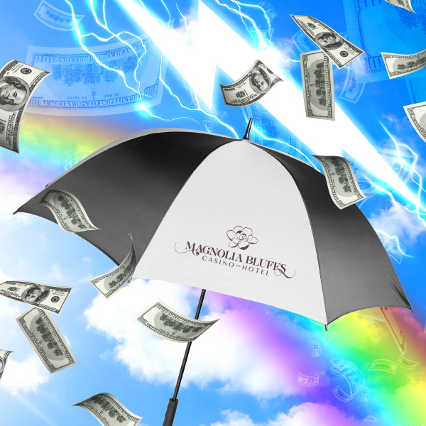 black and white umbrella with Magnolia Bluffs Casino Hotel logo; against a background of the sky with clouds, lightning bolts, cash & a rainbow