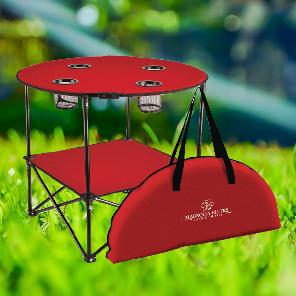 Magnolia Bluffs Logo'd red portable folding picnic table